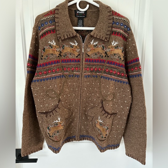 Designer Originals Ladies Brown Snowflake Zip Up Sweater & Mittens Size L - Picture 1 of 10